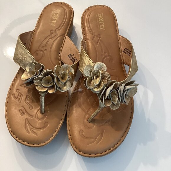 BOC, Born Concept Women's Sandals Size, 9M Tan Floral, Leather Cork Wedge Thongs - Picture 1 of 7